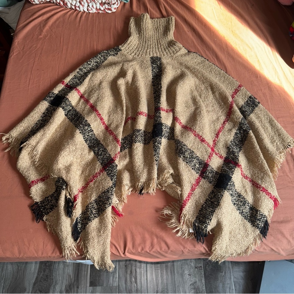 Plaid Turtleneck Poncho Sweater